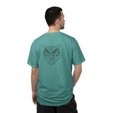 Gray owl graphic T-shirt from Printify featuring the "See Everything. Say Nothing." quote in geometric animal style.