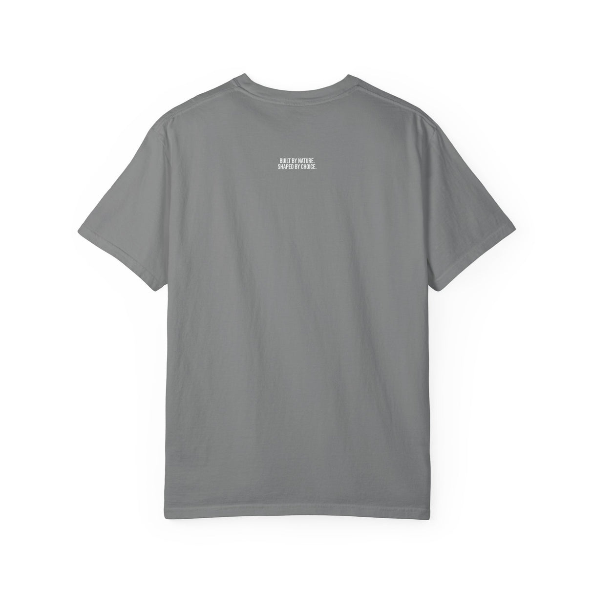 Light green mountain-themed T-shirt from Printify's Nature Series featuring the slogan "Built by Nature. Shaped by Choice."