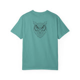 Gray owl graphic T-shirt featuring geometric owl design and the text "See Everything. Say Nothing." from the Printify Animal Series.