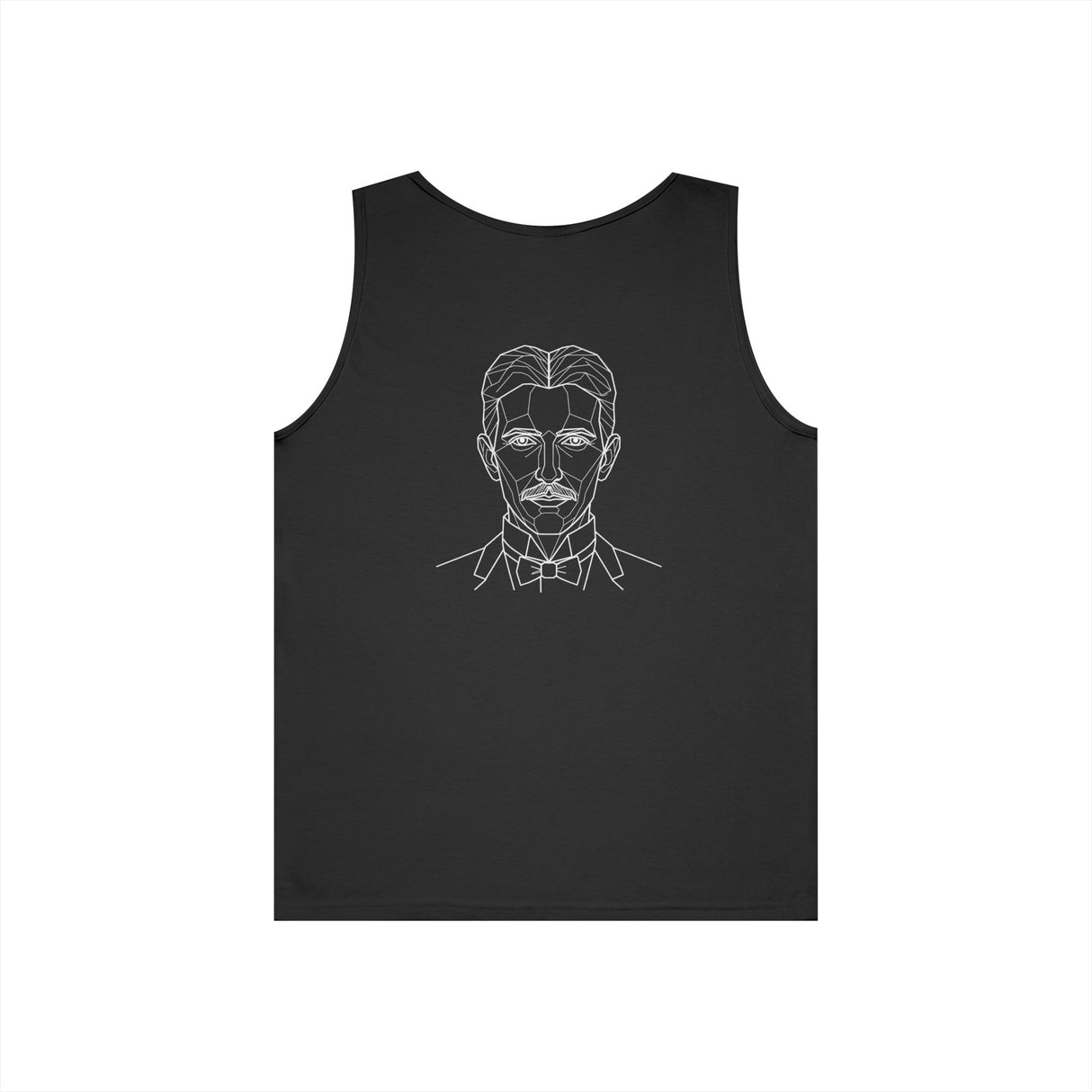 N. Tesla Tank Top from Visionaries Series by Printify featuring a quote about energy, frequency, and vibration on a sleeveless top