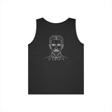 N. Tesla Tank Top from Visionaries Series by Printify featuring a quote about energy, frequency, and vibration on a sleeveless top
