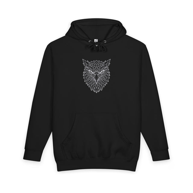Gray owl hoodie from the Geometric Animal Series by Printify featuring an owl illustration and a "See Everything. Say Nothing." slogan.