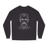 N. Tesla sweatshirt from the Visionaries Series by Printify featuring the quote "Think in Terms of Energy, Frequency and Vibration."