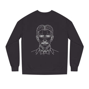 N. Tesla sweatshirt from the Visionaries Series by Printify featuring the quote "Think in Terms of Energy, Frequency and Vibration."