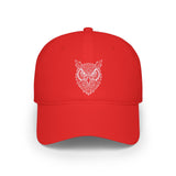 Red cap with a white owl design on a white background