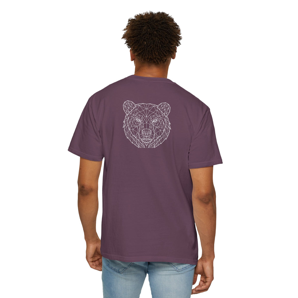 Gray Bear Tee T-shirt with geometric bear design and the text "Unbothered. Unmoved. Undefeated." from Printify's animal series.