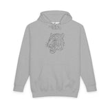 Gray hoodie with minimalist geometric tiger graphic on the chest, streetwear style