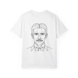 Tesla T-Shirt from Visionaries Series featuring the quote "Think in Terms of Energy, Frequency and Vibration" on a comfortable cotton tee.