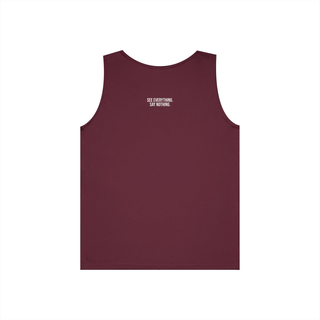 Gray owl tank top from Printify's geometric animal series featuring the quote "See Everything. Say Nothing."