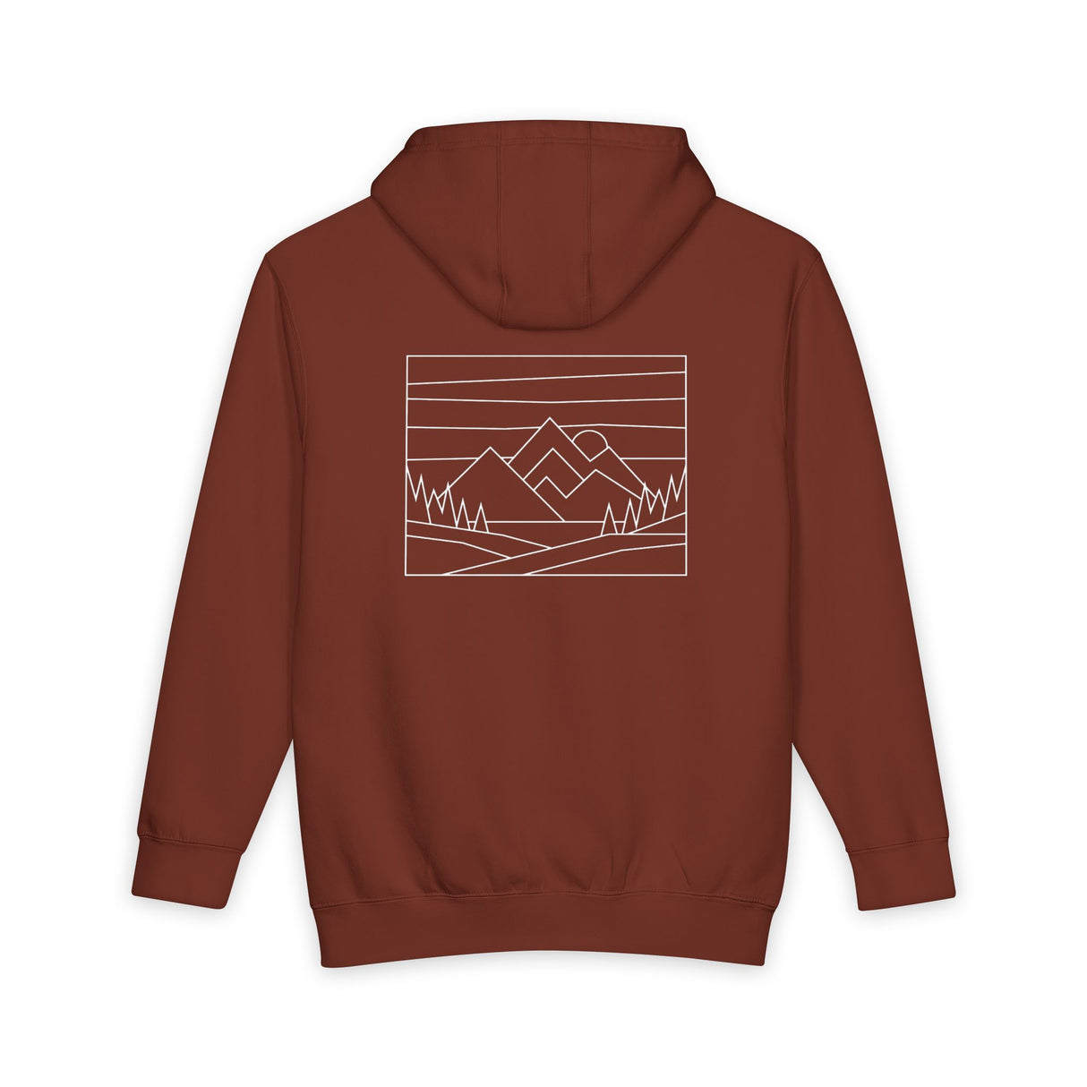 Brown hoodie with a mountain landscape design on the back against a white background