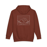 Brown hoodie with a mountain landscape design on the back against a white background