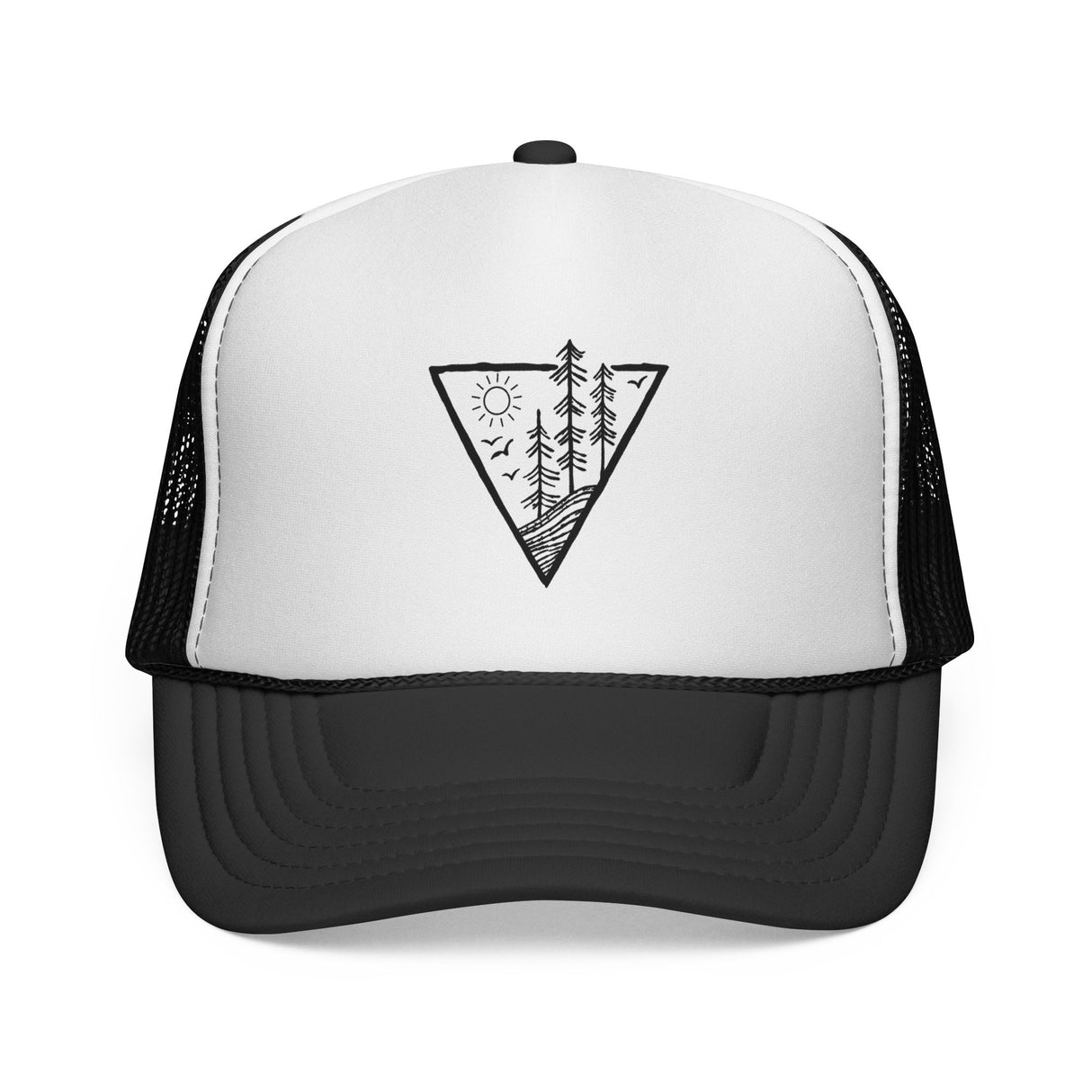Forest Trucker Hat from the Nature Series featuring "Deep Roots. High Rise." logo, with mesh back and adjustable strap.