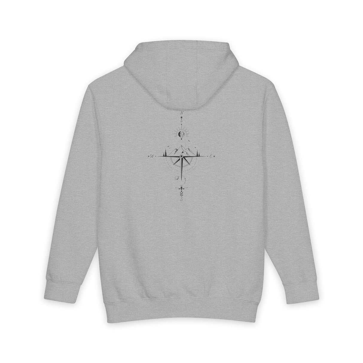 Printify Minimal Compass Hoodie featuring a subtle nautical compass graphic on a comfortable pullover hoodie.