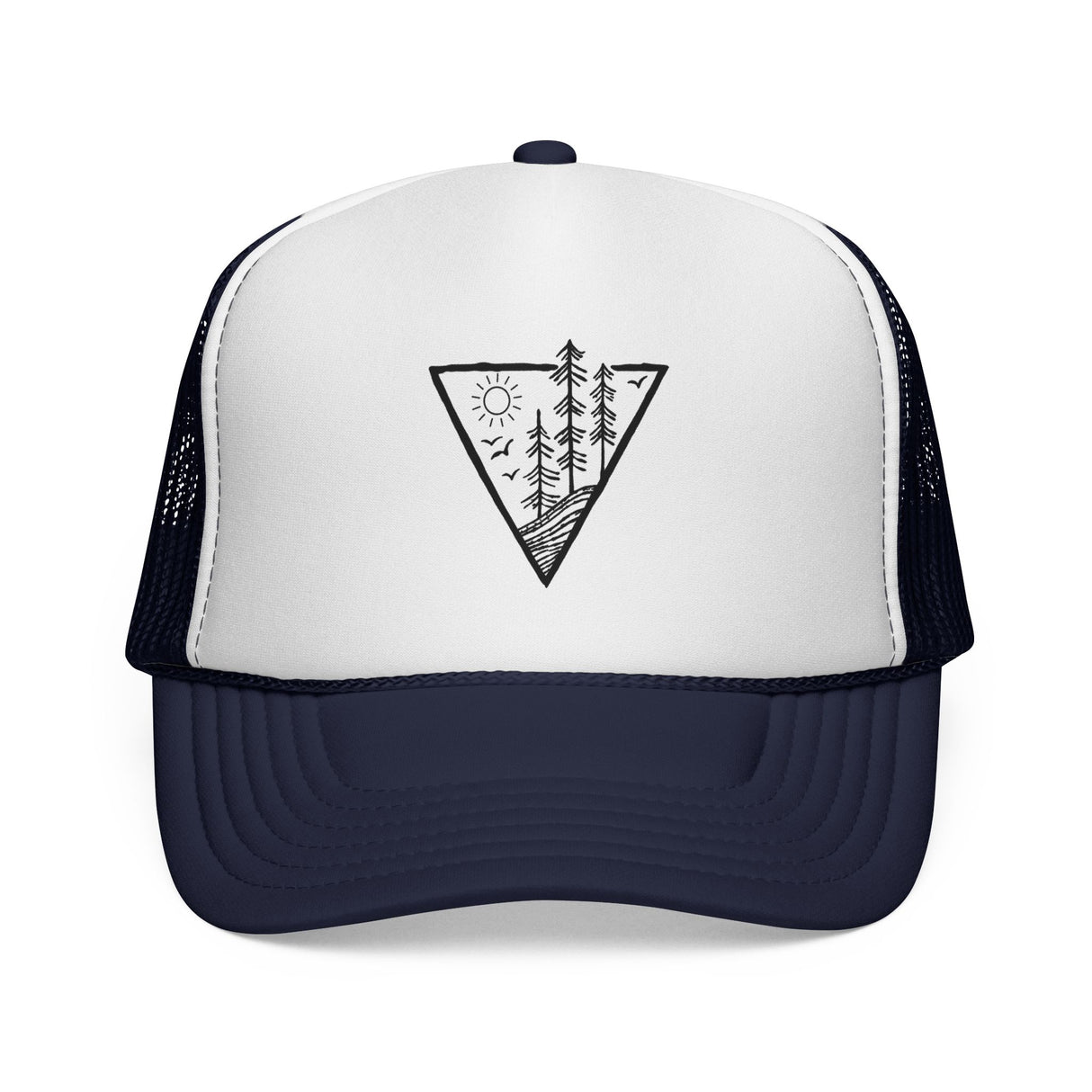 Forest Trucker Hat from the Nature Series featuring "Deep Roots. High Rise." print, with mesh back and curved brim.