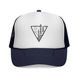 Forest Trucker Hat from the Nature Series featuring "Deep Roots. High Rise." print, with mesh back and curved brim.