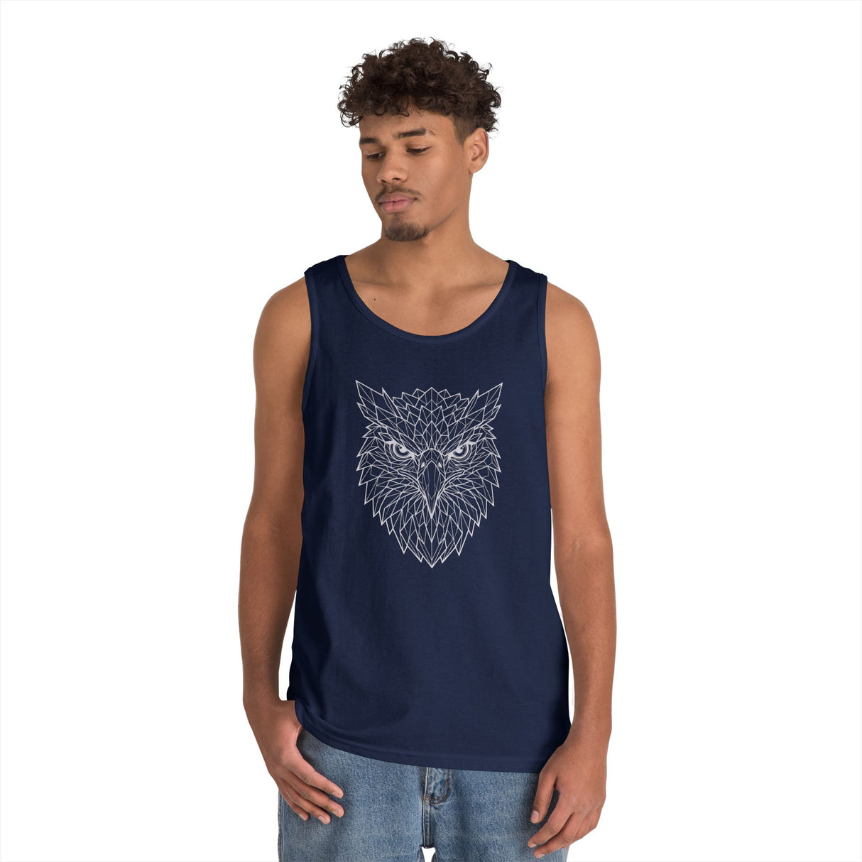 Eagle Tank Top from Printify's Geometric Animal Series, featuring a stylized eagle design on a sleeveless shirt.