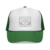 Printify Mountain Trucker Hat from the Nature Series with "Built by Nature. Shaped by Choice." slogan on the front.