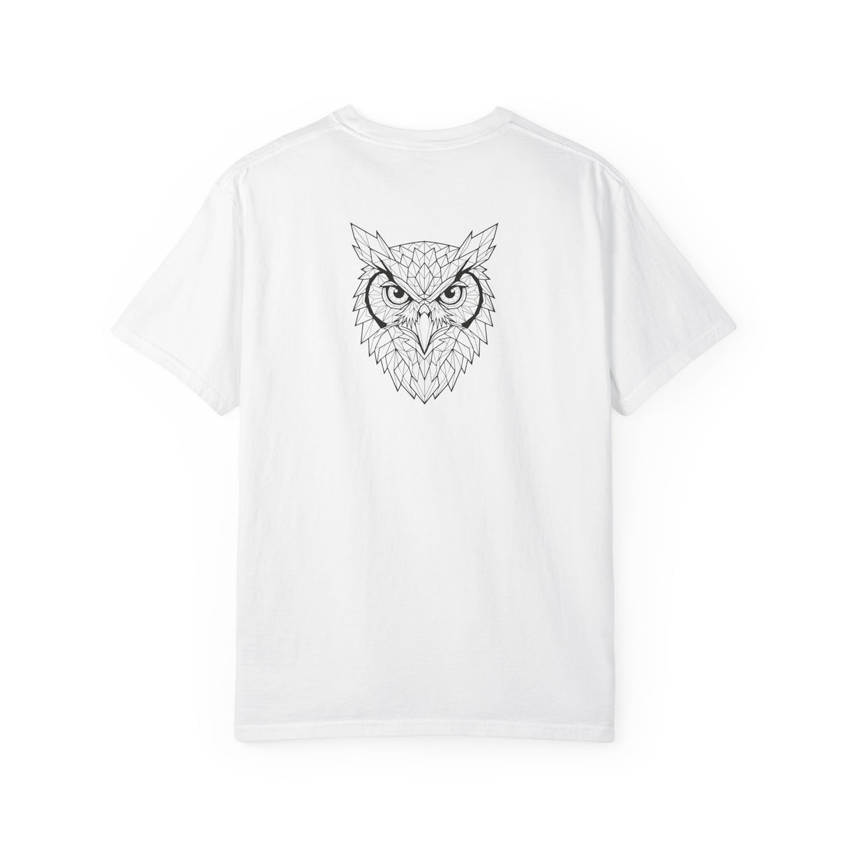 Gray owl graphic T-shirt featuring geometric owl design and the quote "See Everything. Say Nothing." in the Printify Animal Series.
