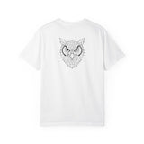 Gray owl graphic T-shirt featuring geometric owl design and the quote "See Everything. Say Nothing." in the Printify Animal Series.