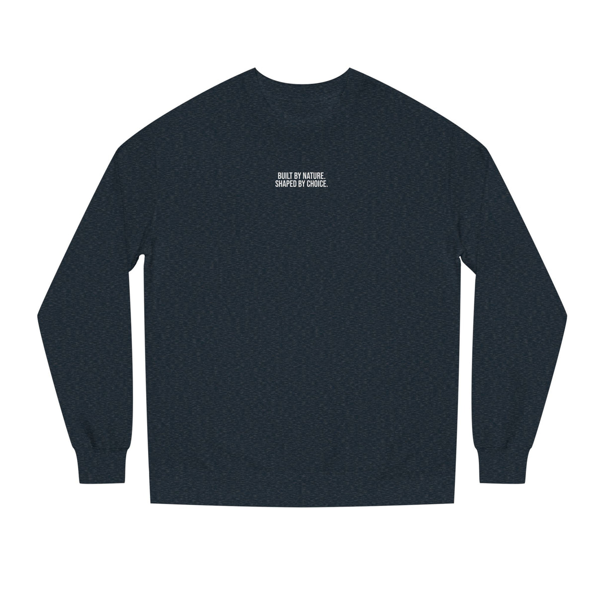 Printify Mountain Sweatshirt from the Nature Series featuring a mountain graphic and the phrase "Built by Nature. Shaped by Choice."