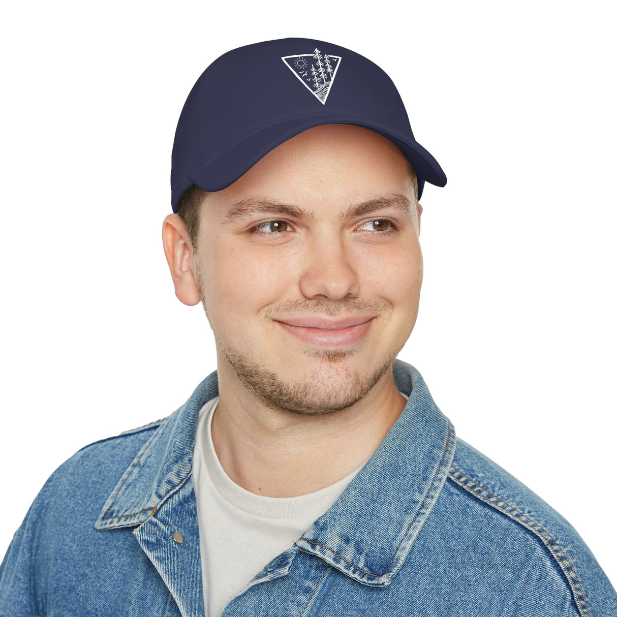 Forest-themed baseball cap from Printify's Nature Series featuring "Deep Roots. High Rise." logo on a high-rise hat.