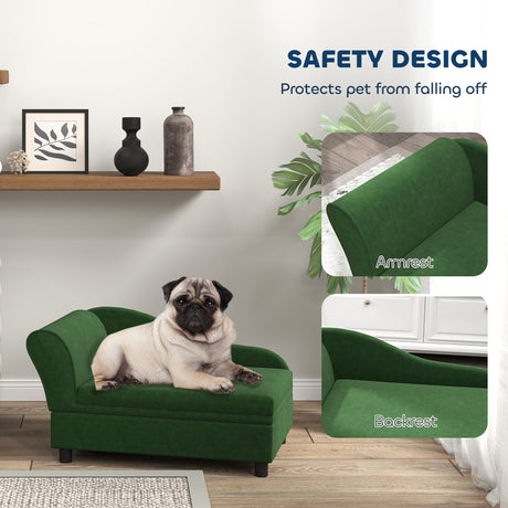 Green pet sofa with safety design feature, pet sitting on it, and close-up of the design.