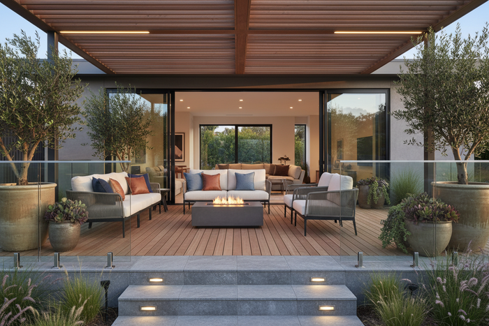 Modern outdoor patio with furniture and plants