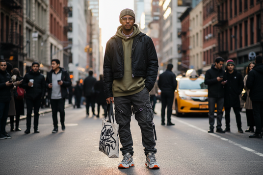Man standing on a city street holding a bag, with a busy urban background