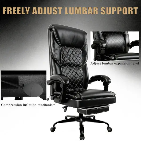 Ergonomic black leather office chair featuring adjustable lumbar support with a compression inflation mechanism for customizable comfort. The chair includes padded armrests, a high back with quilted detailing, and a sturdy five-wheel base for mobility and stability. Ideal for enhancing posture and reducing back strain during long working hours. | PicSEO 1775063475937