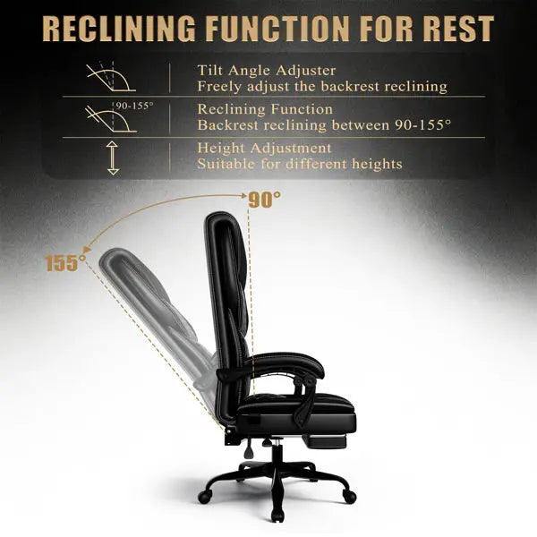 Ergonomic office chair with adjustable reclining backrest between 90° to 155° for optimal rest and comfort, featuring a tilt angle adjuster and customizable height settings suitable for different users. | PicSEO 1775063465918