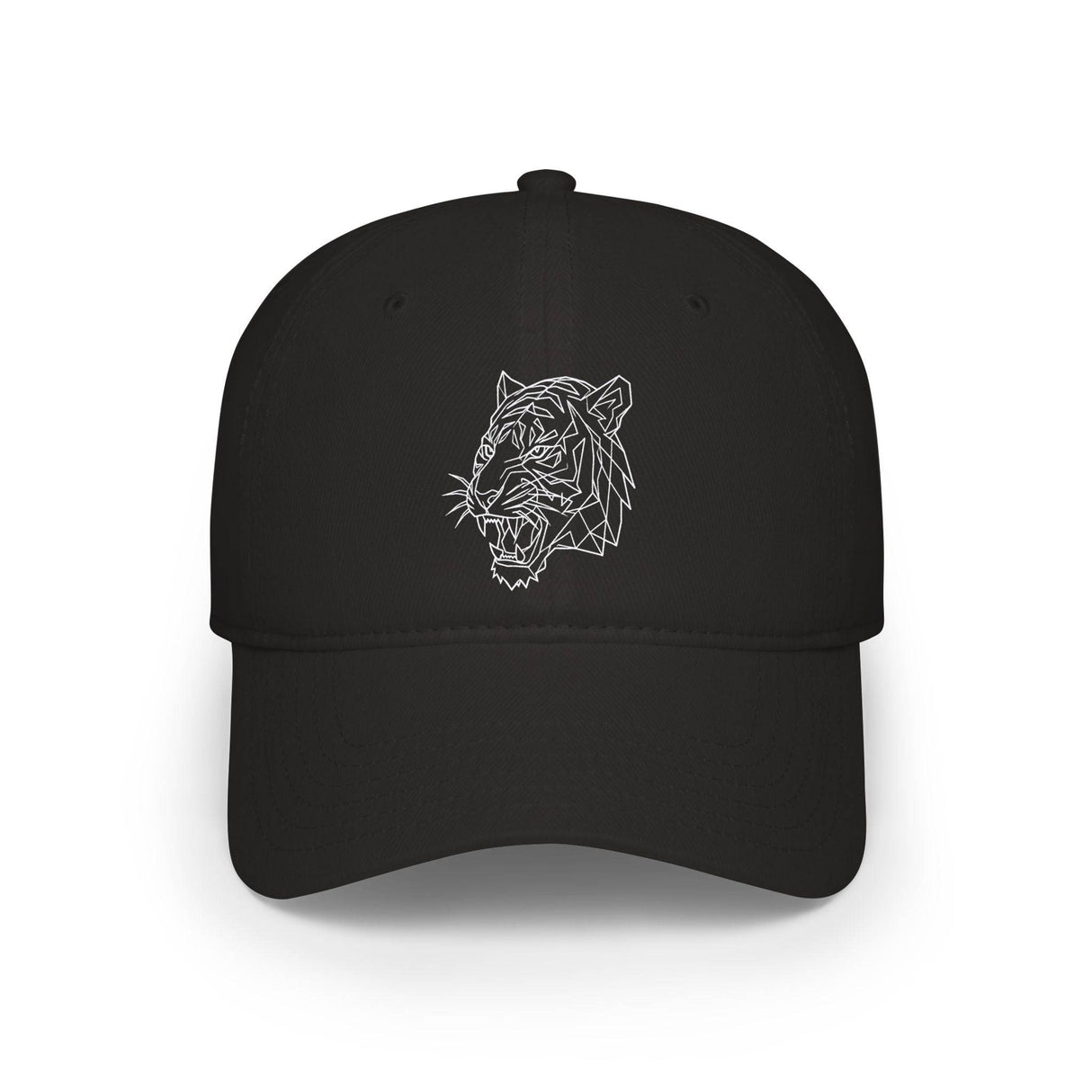 Black baseball cap featuring a minimalist geometric white tiger head design embroidered on the front, combining sleek style with a bold animal motif for a modern, edgy look. | PicSEO 1776569983219