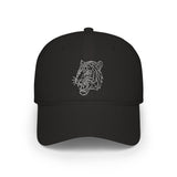 Black baseball cap featuring a minimalist geometric white tiger head design embroidered on the front, combining sleek style with a bold animal motif for a modern, edgy look. | PicSEO 1776569983219