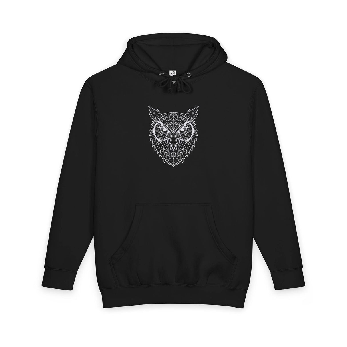 Black hoodie featuring a geometric white owl design on the front, with a drawstring hood and a large front pocket, combining modern style and comfort for casual wear. | PicSEO 1776477921247
