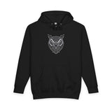 Black hoodie featuring a geometric white owl design on the front, with a drawstring hood and a large front pocket, combining modern style and comfort for casual wear. | PicSEO 1776477921247