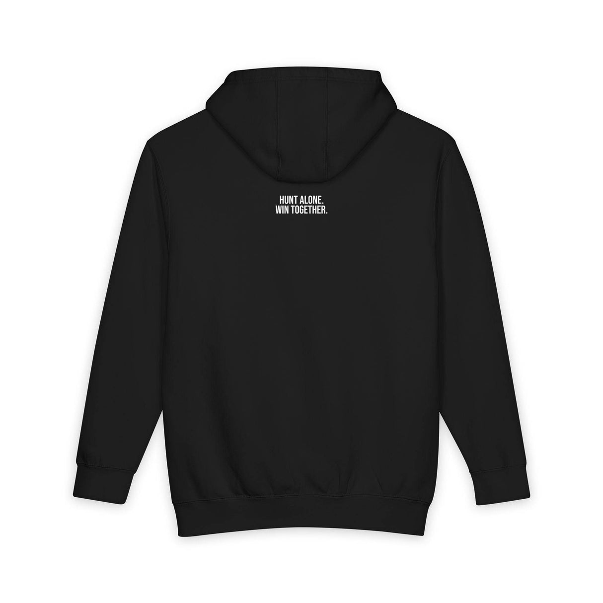 Black hooded sweatshirt featuring a minimalist design with the motivational phrase "HUNT ALONE. WIN TOGETHER." printed in white on the upper back, combining comfort and inspiration for casual wear. | PicSEO 1776478115388