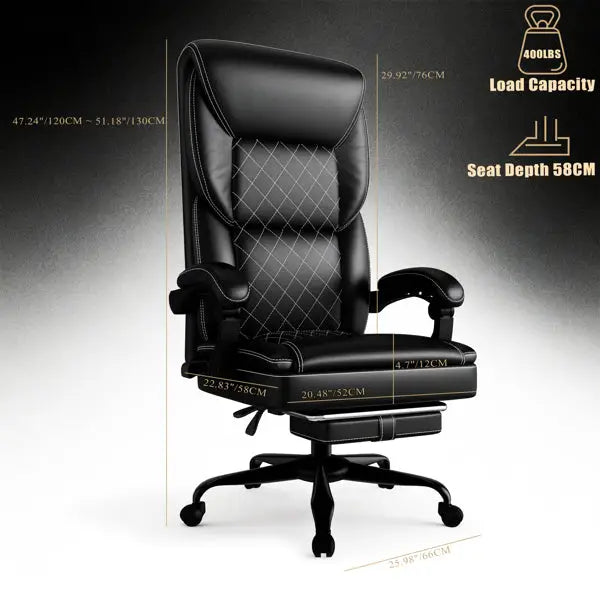 Premium black leather office chair with ergonomic high back design, padded armrests, and diamond-stitched cushioning. Features adjustable dimensions for seat depth (58 cm) and overall height (120-130 cm), supporting up to 400 lbs load capacity. Equipped with a sturdy five-wheel base for mobility and a retractable footrest for added comfort. Ideal for home or office use, combining style, durability, and functionality for extended seating periods. | PicSEO 1775063458328