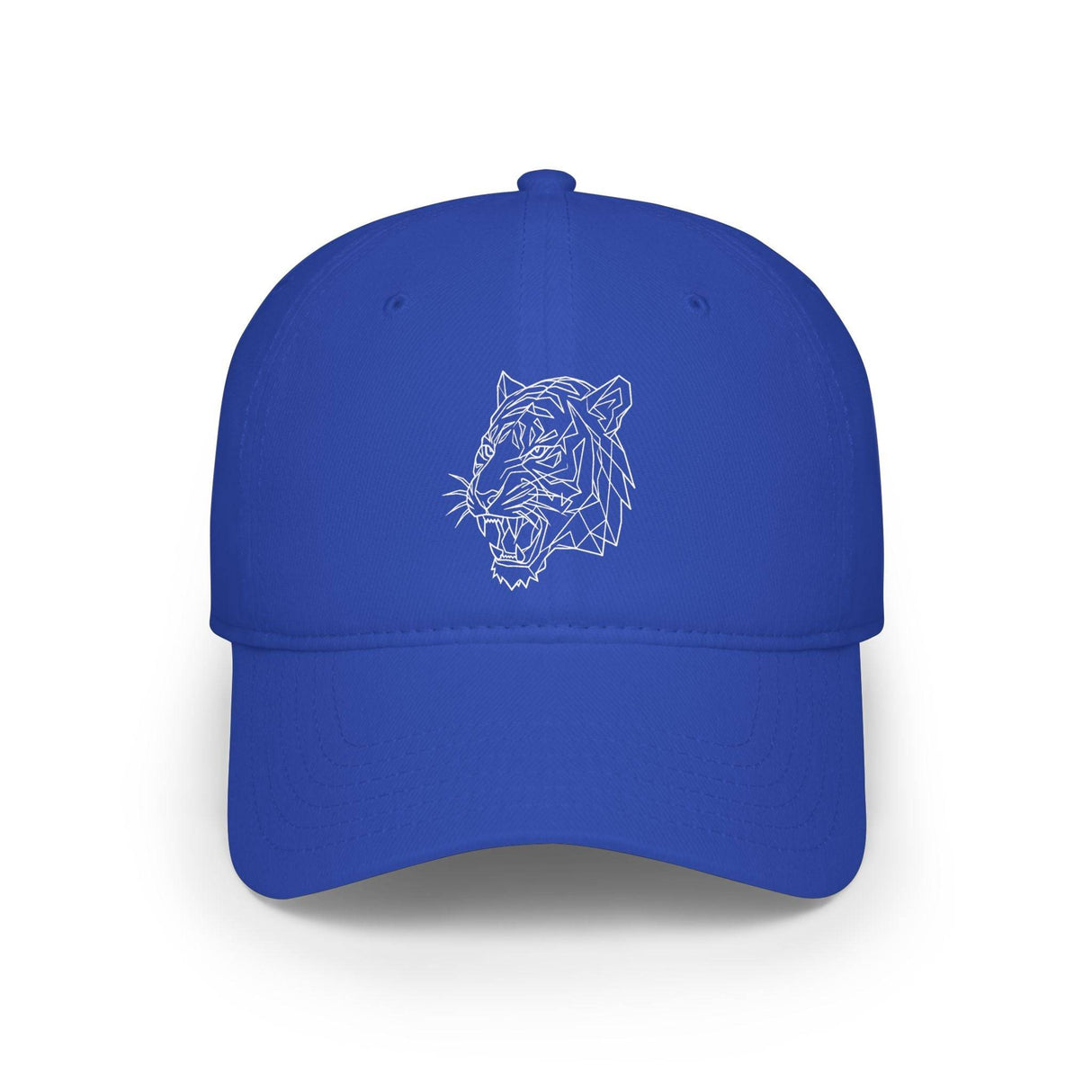 Electric blue baseball cap featuring a minimalist, geometric white tiger head design embroidered on the front, combining modern style with bold animal imagery for a striking fashion statement. | PicSEO 1776569940728