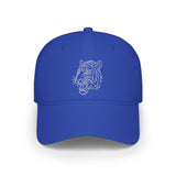 Electric blue baseball cap featuring a minimalist, geometric white tiger head design embroidered on the front, combining modern style with bold animal imagery for a striking fashion statement. | PicSEO 1776569940728