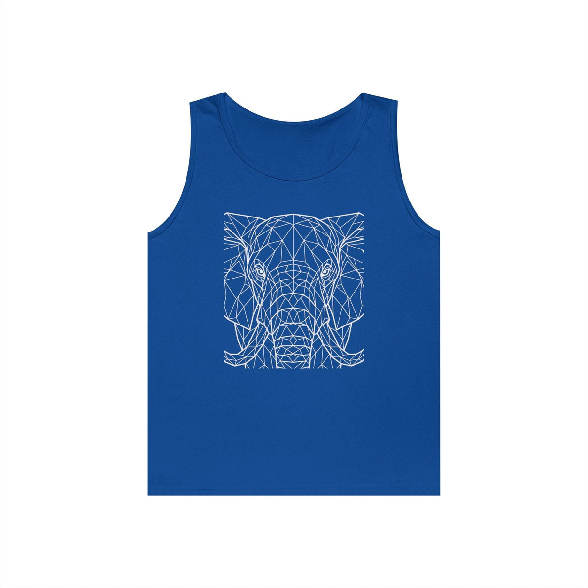 Royal blue sleeveless tank top featuring a modern, geometric white line art design of an elephant head. The minimalist and symmetrical pattern highlights the intricate facets of the elephant, combining wildlife inspiration with contemporary style. Perfect for casual wear, this graphic tank offers a bold and artistic statement piece. | PicSEO 1776569750928