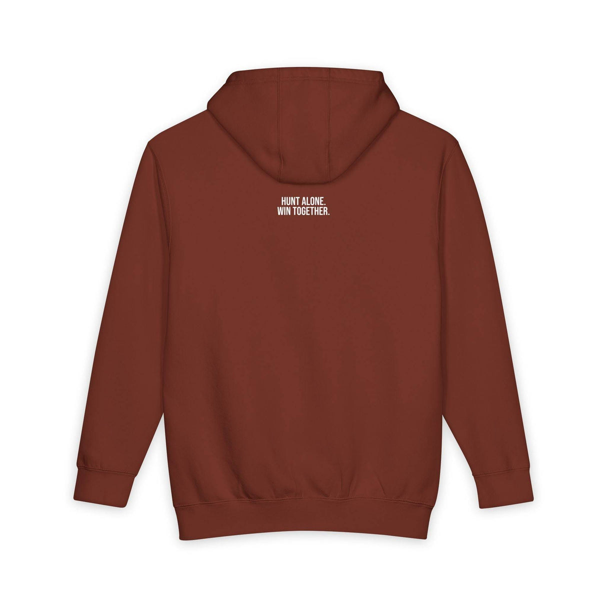 Rust-colored hoodie featuring a minimalist design with the motivational text "HUNT ALONE. WIN TOGETHER." printed in white on the upper back, combining casual comfort with inspiring teamwork sentiment. | PicSEO 1776478097589