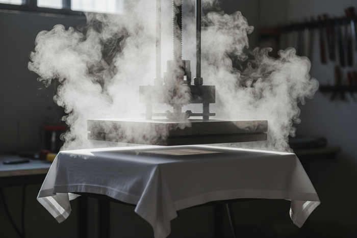 White t-shirt being heat pressed with steam, photorealistic, dramatic lighting
