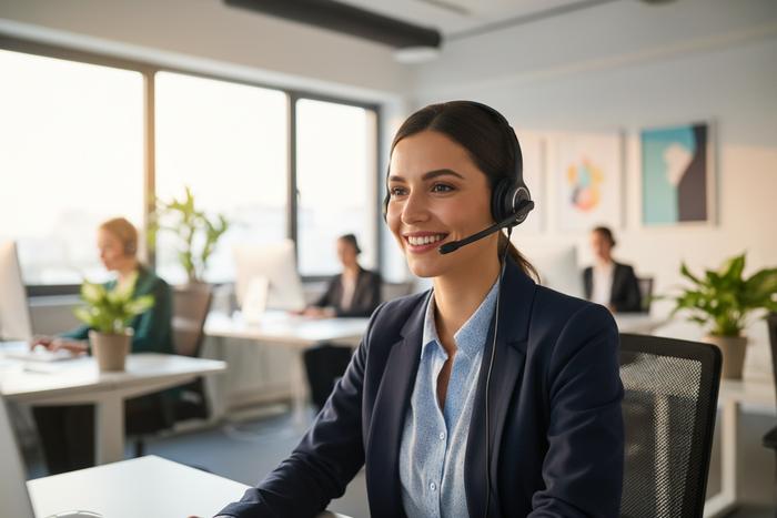 Smiling customer service representative wearing headset in modern office with warm lighting