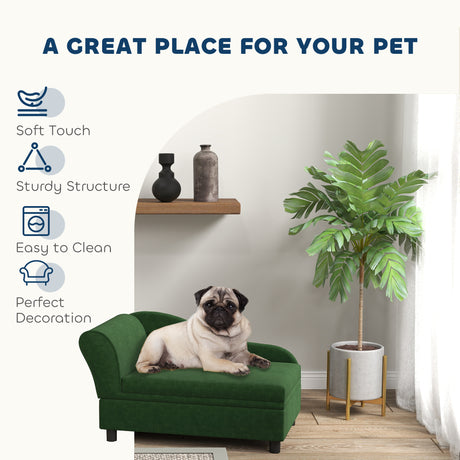 Green pet bed with a pug on it, surrounded by a plant and shelves in a room.