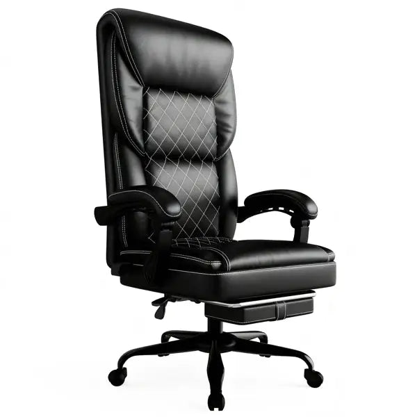 Ergonomic black leather office chair with diamond-patterned stitching, padded armrests, and a high backrest for superior comfort. Features adjustable height, a sturdy five-wheel base for mobility, and a retractable footrest for enhanced relaxation. Ideal for home or professional office use. | PicSEO 1775063494271