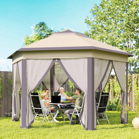 A modern outdoor gazebo with beige canopy and mesh curtains, providing a shaded and comfortable space for a family of four enjoying a meal and conversation in a lush green backyard under clear blue skies. | PicSEO 1775089223558