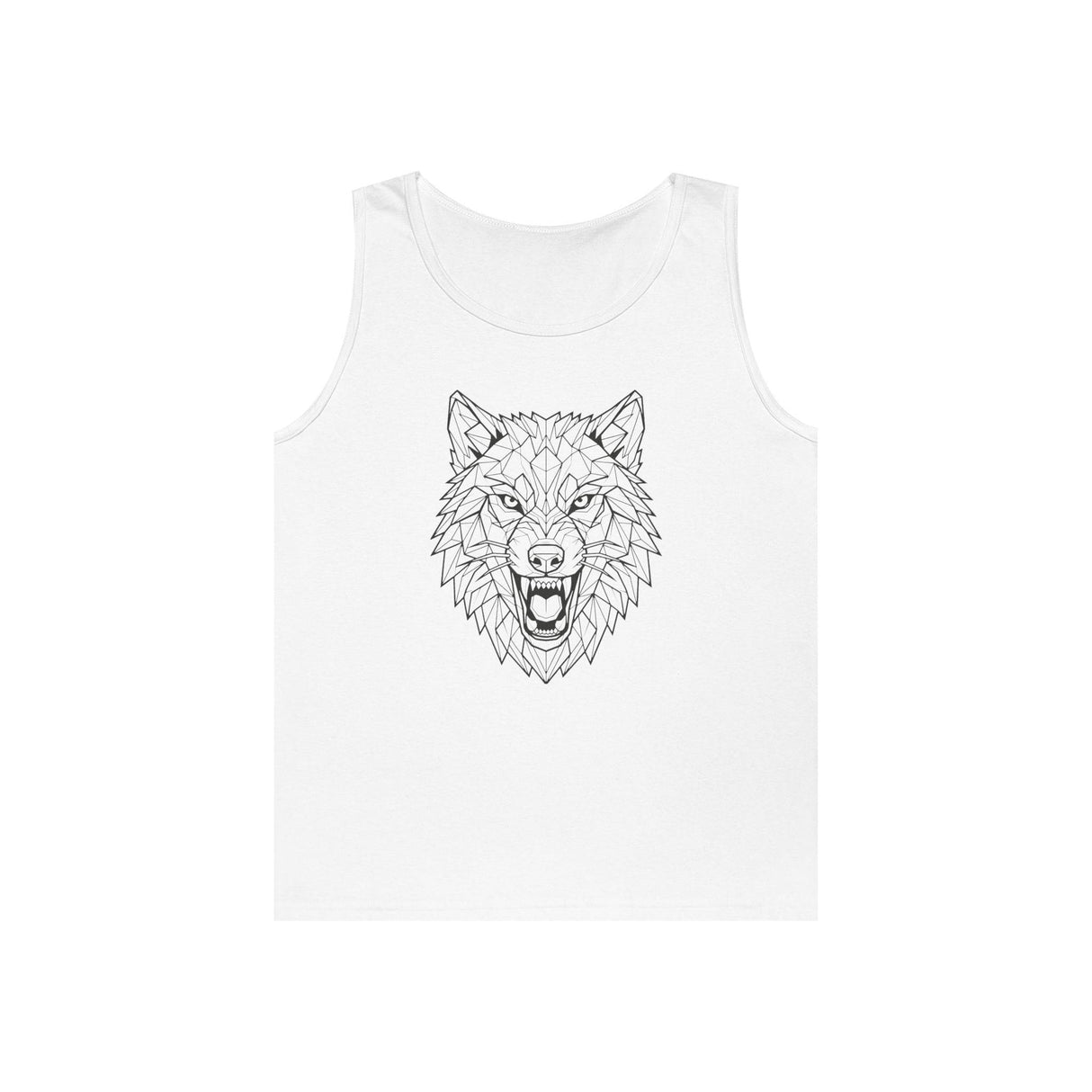 White sleeveless tank top featuring a bold, geometric line art design of a fierce wolf head with an open mouth, showcasing intricate angular details for a modern and edgy look. | PicSEO 1776476880876