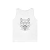 White sleeveless tank top featuring a bold, geometric line art design of a fierce wolf head with an open mouth, showcasing intricate angular details for a modern and edgy look. | PicSEO 1776476880876