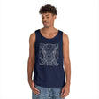 Young man wearing a navy blue tank top featuring a geometric line art design of an elephant's face, paired with casual light blue jeans, set against a plain white background. | PicSEO 1776569442438