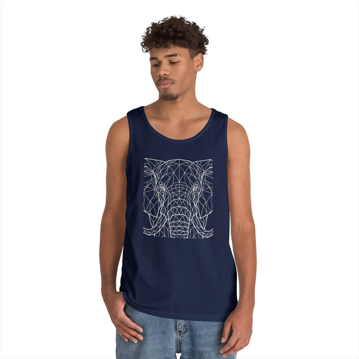 Young man wearing a navy blue tank top featuring a geometric line art design of an elephant's face, paired with casual light blue jeans, set against a plain white background. | PicSEO 1776569442438