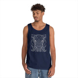 Young man wearing a navy blue tank top featuring a geometric line art design of an elephant's face, paired with casual light blue jeans, set against a plain white background. | PicSEO 1776569442438